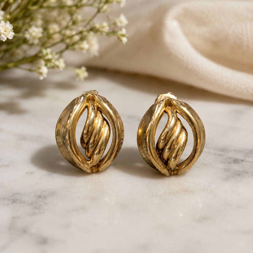 Vintage Gold Tone Swirl Post Earrings, Oval Statement Earrings